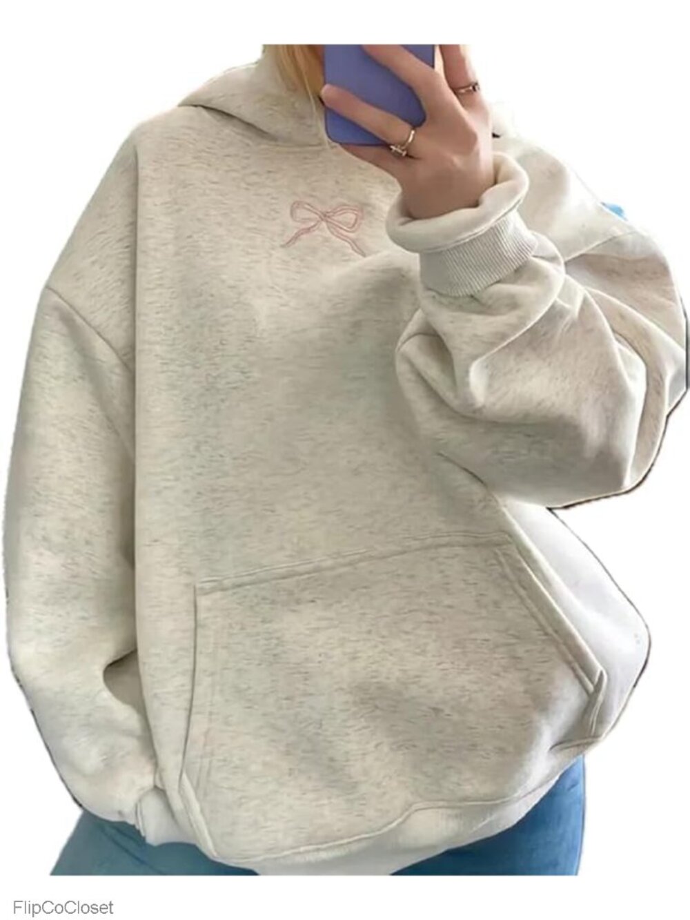 Oversized Fleece Lined Hoodie Embroidered Bow Y2K Preppy Sweatshirt